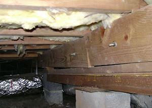 sagging crawl space with wooden shimming a Spottsville crawl space