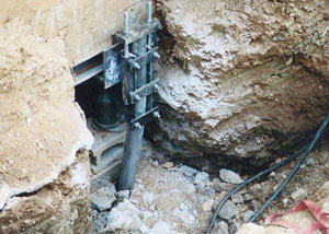 a bent, failed foundation push pier installed in Newburgh.